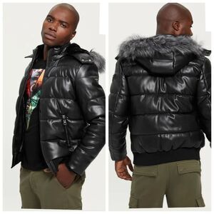 Guess Faux Leather Puffer Bomber Jacket Coat Faux Fur Hood Size Medium Black